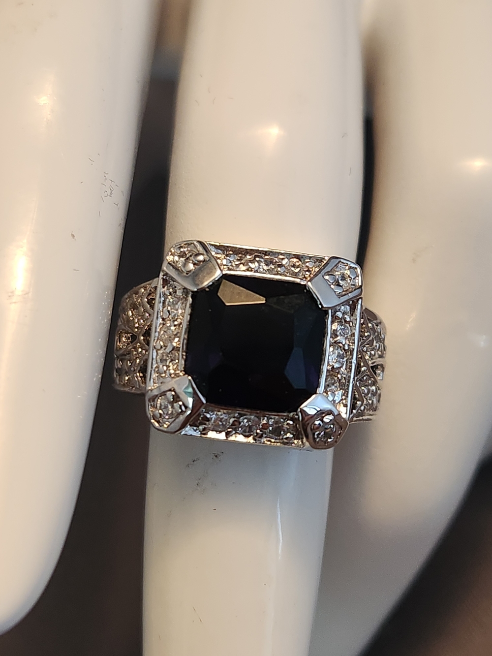 Silver Women's Cocktail Ring with Deep Blue Center Stone